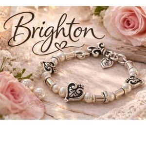 Brighton Silver Tone Heart & Pearl Beaded Bracelet Romantic Charm